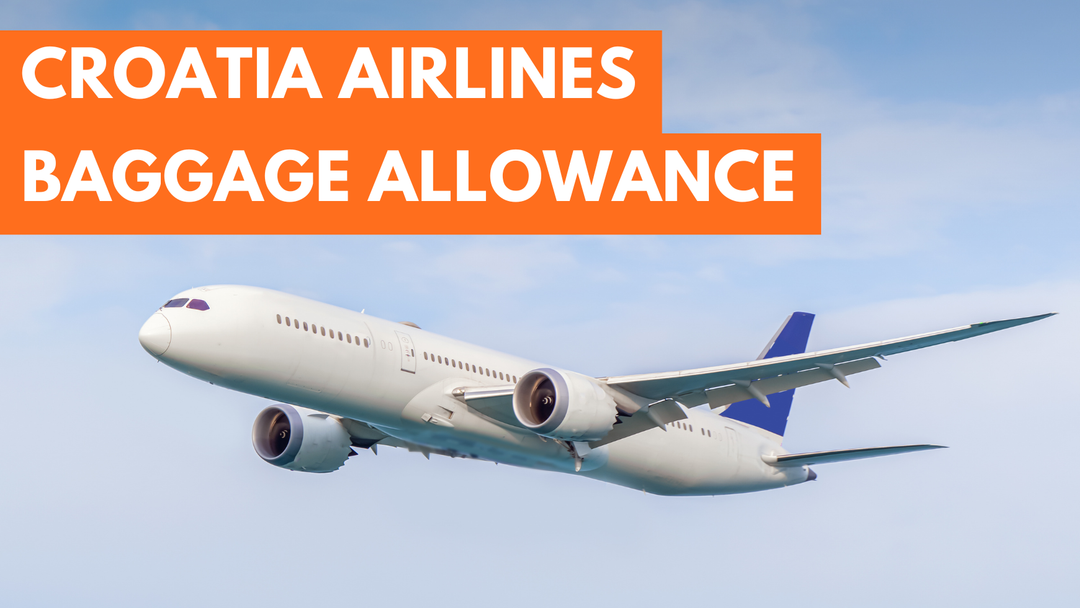 Travel guide banner for the complete Croatia Airlines baggage allowance featuring a commercial airplane flying in a clear blue sky.