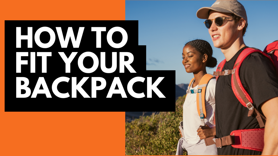 Title banner for the fitting guide featuring hikers with properly secured sternum and hip belts, showing optimal weight distribution.